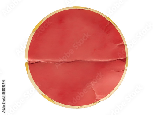 A blank, circular, red sticker with creases and a fold line, isolated on white.