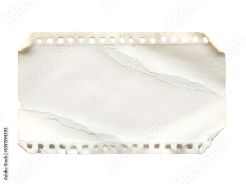 A close-up shot of a vintage, torn, and crumpled piece of perforated notebook paper with rough edges, isolated on a white background.