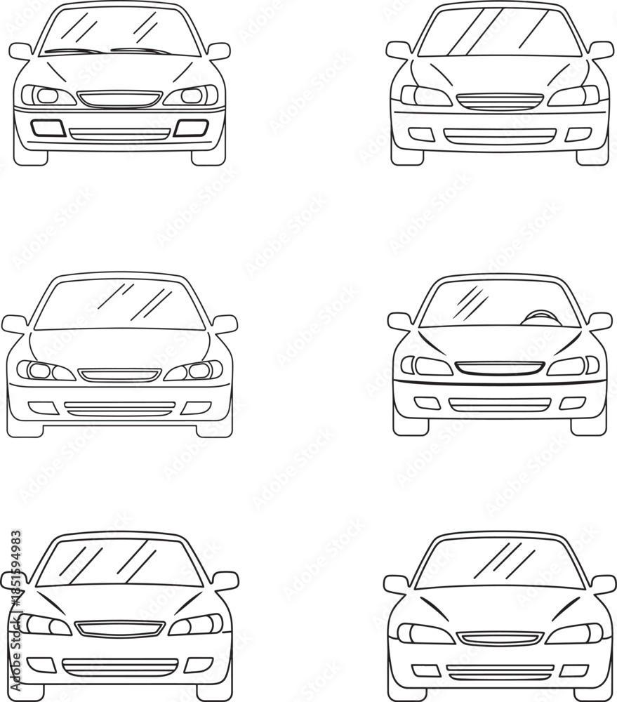 Obraz premium Variety of car front view line drawings in different angles and perspectives