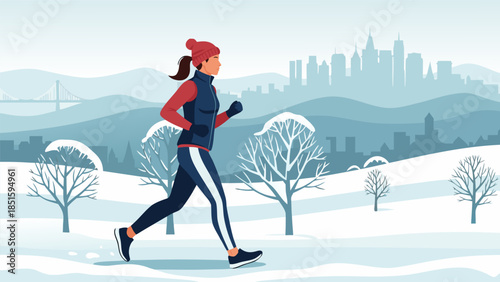 Flat design illustration of a woman enjoying a brisk winter run through a snowy park, with a distant city skyline in the background, promoting active outdoor recreation