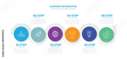 Business data visualization timeline process infographic template design. 6 Step timeline journey. Process diagram, Infographic vector illustration.