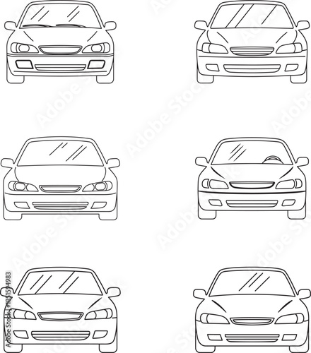 Variety of car front view line drawings in different angles and perspectives