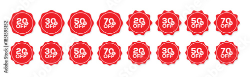 Set of red different sale percentage. discount on red rounded tags 20, 25, 30, 35, 40, 50 percent off price reduction badge promotion. discount tags design template, vector illustration