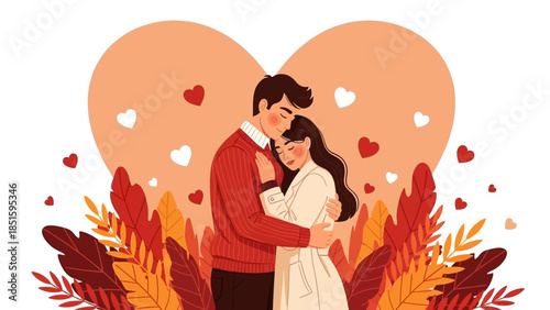 Couple in Love Surrounded by Hearts and Leaves 