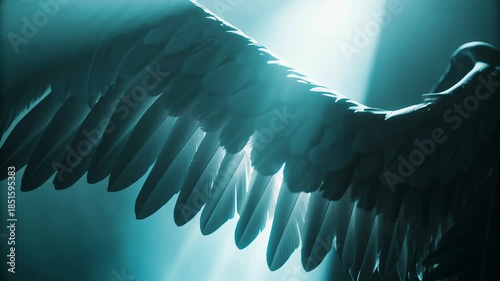 Black fallen angel lucifer shown in video form concept. A dramatic light highlights the intricate details of a wing.