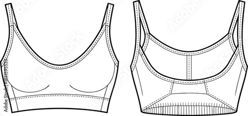 Women's scoop neck sports bra technical flat fashion sketch front and back view, modern activewear design template for apparel designers