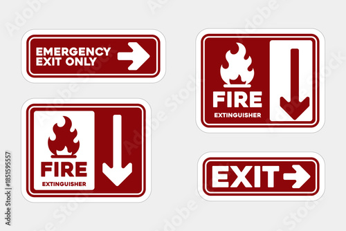 Collection of Safety Signs Including Emergency Exit and Fire Extinguisher Labels.