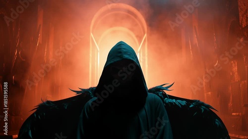 Black fallen angel lucifer shown in video form concept. Dark figure with wings and a hood against a fiery background.