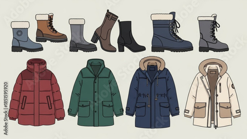Colorful winter clothing and footwear collection including boots and jackets