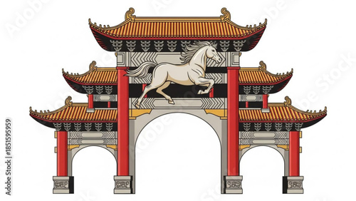 Asian style gate with white horse, chinese architecture, red pillars, ornate roof, cultural symbol