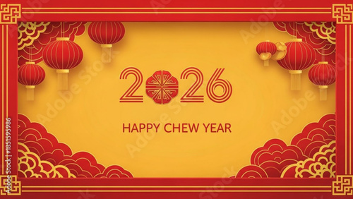 2026 happy chinese new year celebration with red lanterns and cloud designs on yellow background