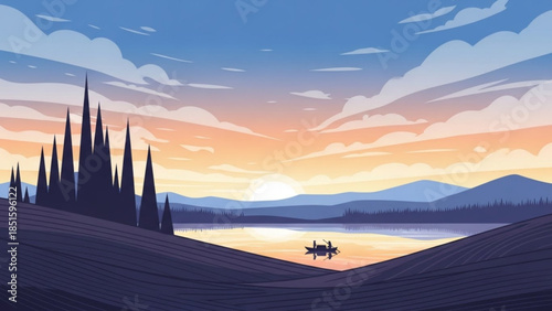 Serene lake scene at sunset with silhouetted trees and mountains, boat on calm water