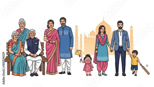 Diverse indian family in traditional clothing standing together with taj mahal background