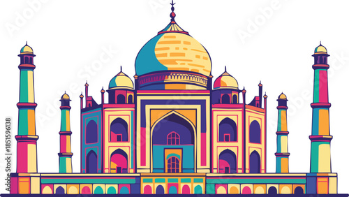 taj mahal, india, agra, landmark, monument, vector illustration, architecture, travel, tourism, colorful, pop art, flat design, heritage, iconic, historical, indian culture, vibrant colors, mausoleum,