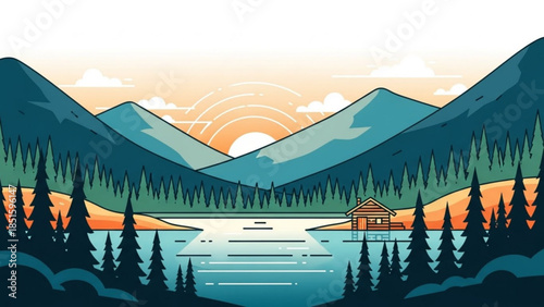 Serene lake scene with cabin, mountains, trees, and sunset, peaceful landscape