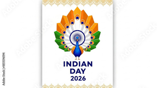 Vibrant indian day 2026 celebration with peacock and wheel design on white background with gold