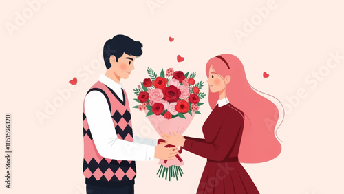 Romantic Couple Exchanging a Bouquet of Roses