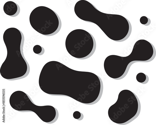 Abstract Black Organic Blob Shapes Set with Fluid Liquid Elements. Wavy Round Forms and Soft Liquid Doodle Elements. Modern Minimalist Oval Shapes. Cow Print Pattern.