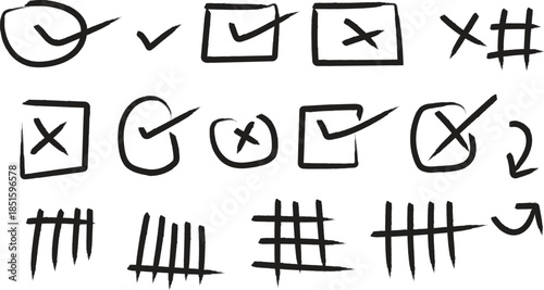Handwritten checkmarks and crosses isolated on transparent background