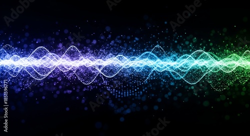 Vibrant sound wave with colorful particles on dark background