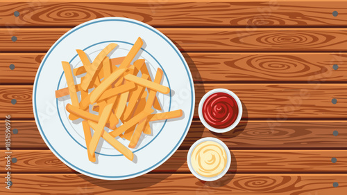 Delicious French Fries on a Plate with Ketchup and Mayonnaise Dip, Top View