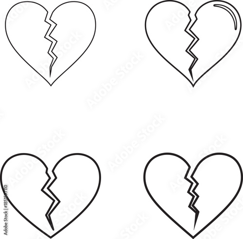 A set of four broken heart icons in a simple line art style