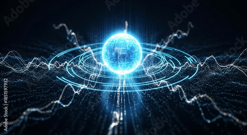 Futuristic glowing blue orb with dynamic energy waves and lines