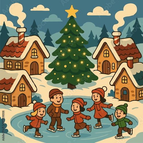 Joyful children ice skating on a frozen pond amidst a charming winter village with a grand christmas tree