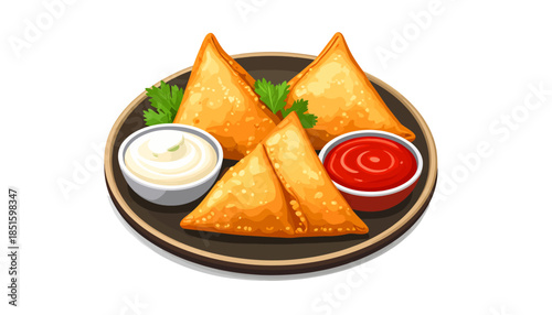 Flat Vector Samosa Snack Served on Plate with Tomato Ketchup and Mayonnaise Dips