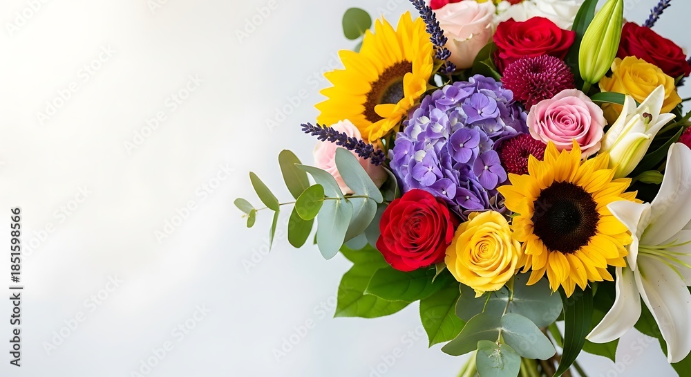 Obraz premium Radiant Floral Arrangement with Sunflowers, Roses, and Hydrangeas