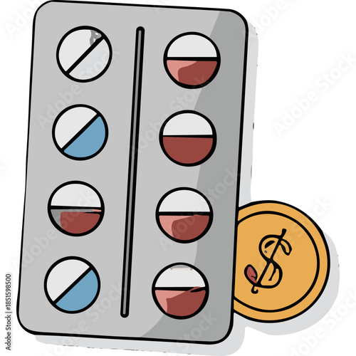 Pill Pack and Dollar Coin Icon: Healthcare Cost and Medicine
