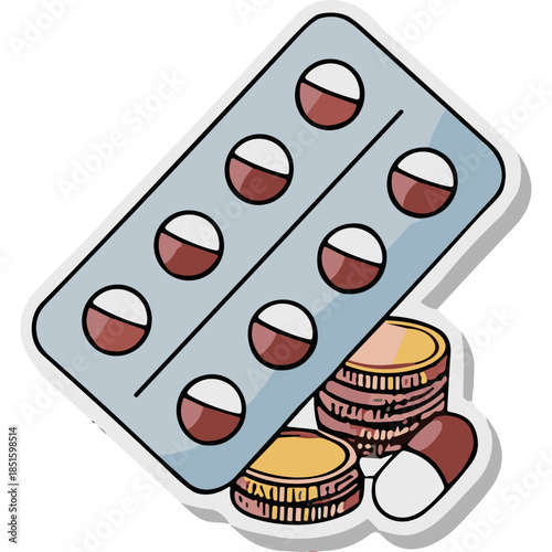 Pill Packet and Coins Icon: Healthcare Costs
