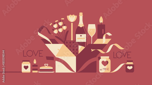 An overflowing gift box reveals champagne, flowers, sweets, and romantic messages celebrating Valentines Day