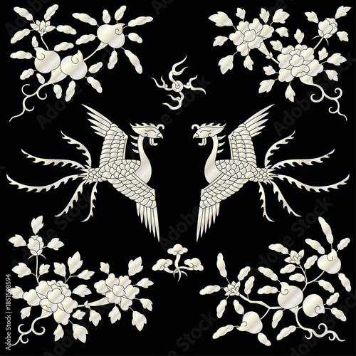 Korean traditonal pattern phoenix and flowers