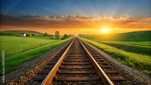 Railway tracks leading to sunrise over rolling green hills and distant farmhouses with dramatic sky