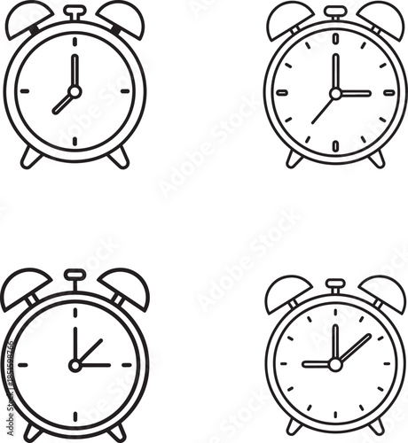 Four analog alarm clocks showing different times in line art styles 