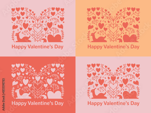 Decorative Valentines Day greetings with an ornate letter M filled with hearts and charming creatures