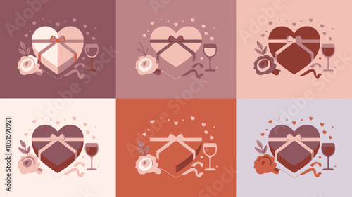 Elegant heart shaped gift boxes with ribbons, roses, and wine glasses in six sophisticated compositions