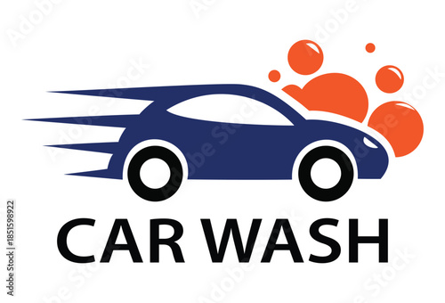 Professional express car wash logo vector with vehicle silhouette, bubbles and speed lines for automotive detailing and cleaning services