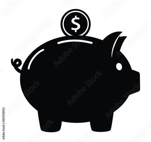 Piggy bank silhouette vector icon with dollar coin for personal finance savings investment banking and wealth management concept design illustration