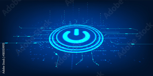 Digital Power Button Switch with Connected Circuit Network, Turning On Innovation System, Smart Technology Activation, Cyber Interface Control, Data Connection, Modern Technology Background