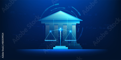 AI Justice Court Technology Concept, Smart Legal System with Artificial Intelligence Supporting Fair Judgment, Modern Courthouse with Balance Scale Symbol,Unbiased Decision Making,LegalTech Innovation