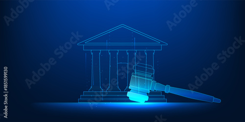 AI Justice Court Technology Concept, Smart Legal System with Artificial Intelligence Assisting Fair Judgment, Courthouse with Gavel Symbol, Unbiased Decision Making, LegalTech Innovation, Digital Law