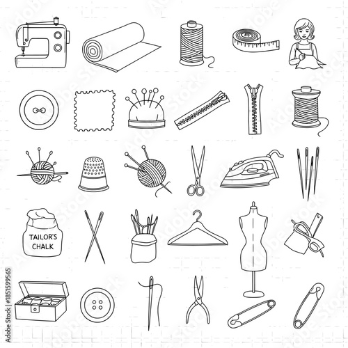 Hand drawn sewing and tailoring tool icon set for craft and hobby