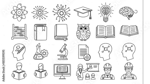 Education and Science Research Outline Icon Set on Grid Background