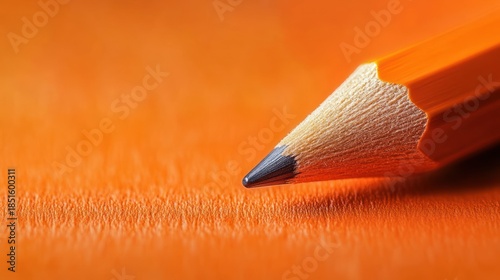 Close-up of a sharp, yellow pencil against a textured, vibrant orange background