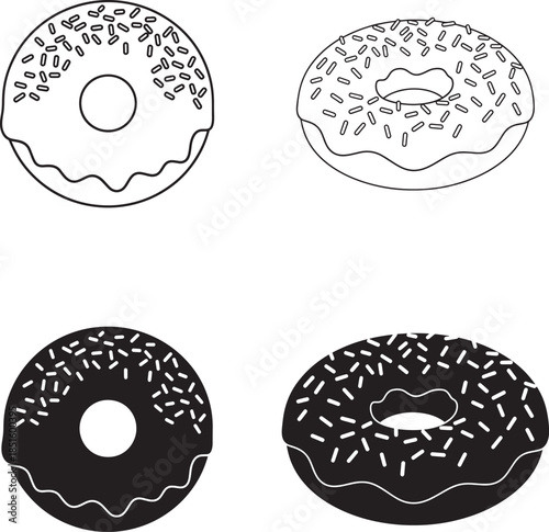 Four donut illustrations with various toppings and icing in solid silhouette and line art styles 