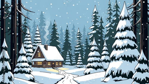 Cozy wooden cabin nestled among snow covered evergreen trees on a snowy winter night with warm