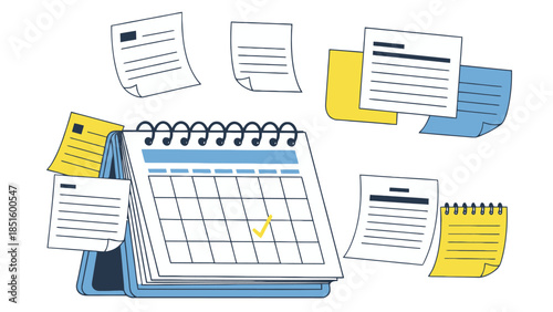 Vector illustration of a desk calendar with floating memo notes representing administrative paperwork and data organization