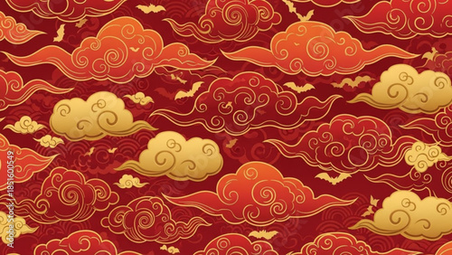 Vibrant red background with swirling golden clouds and orange accents decorative pattern